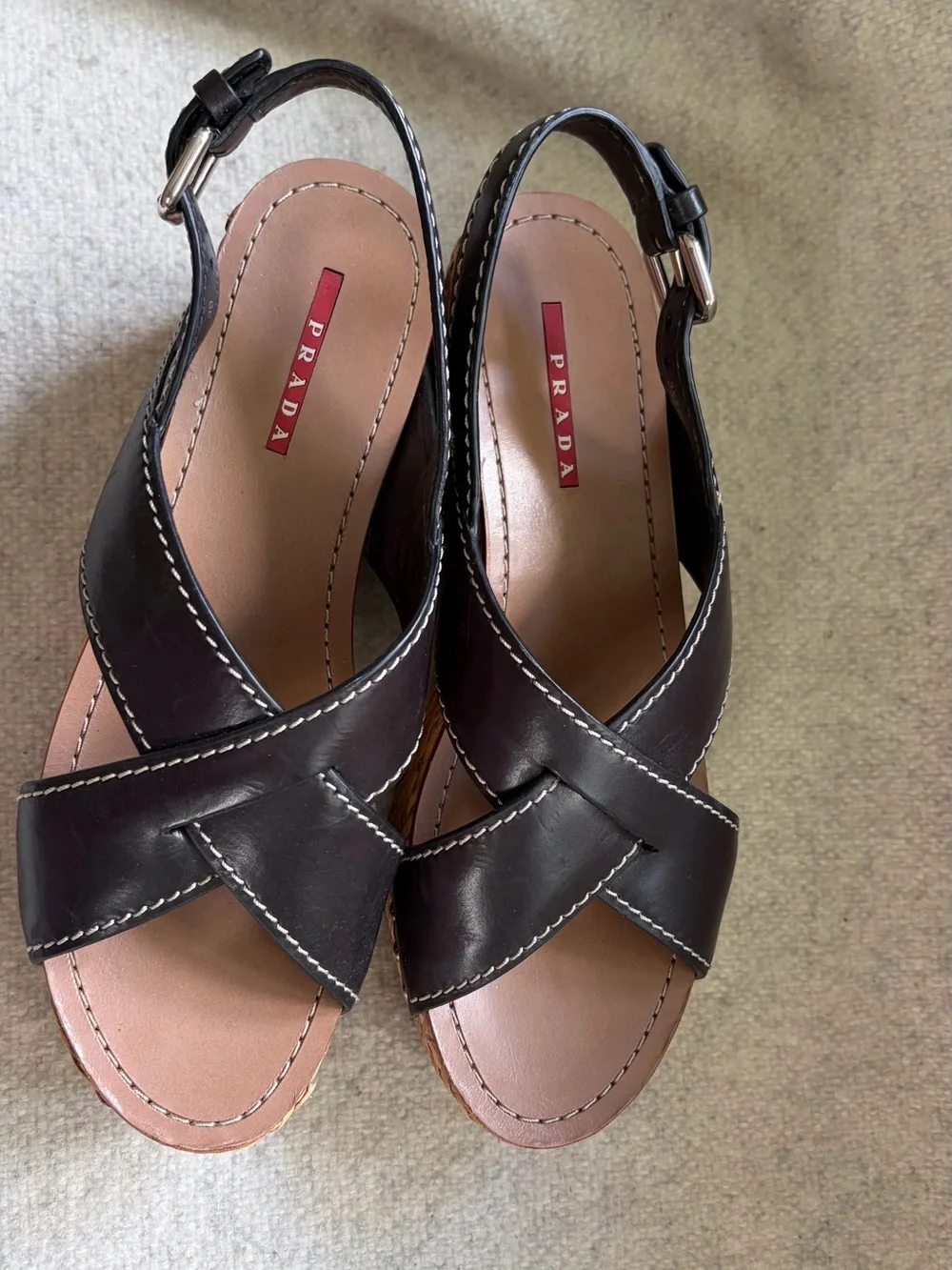 Prada Black Leather Wedge Sandals with Woven Platform and Silver Studs
